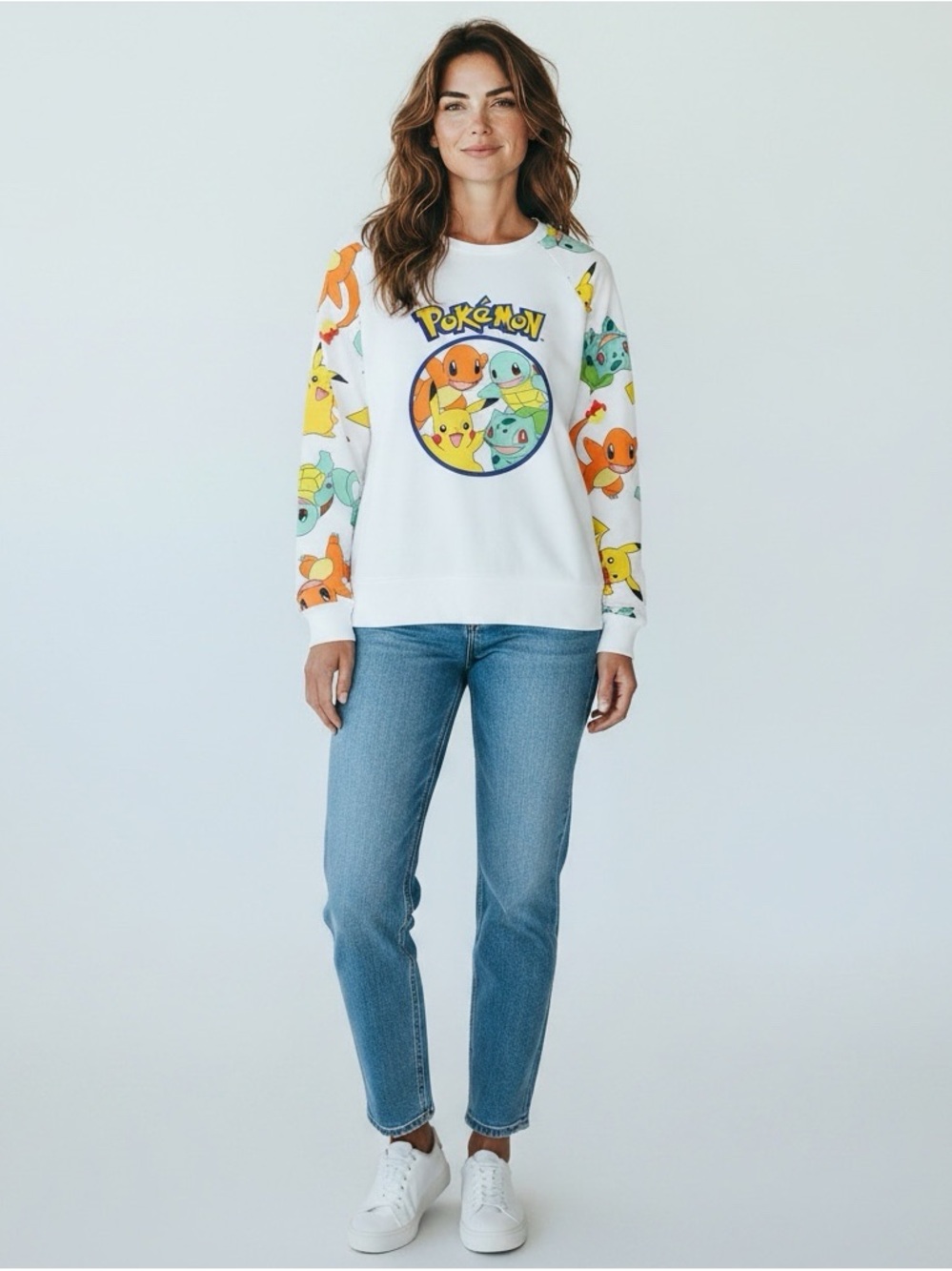 Pokemon 2014 Pikachu Starters Graphic Sweatshirt Women Large White Crewneck‎